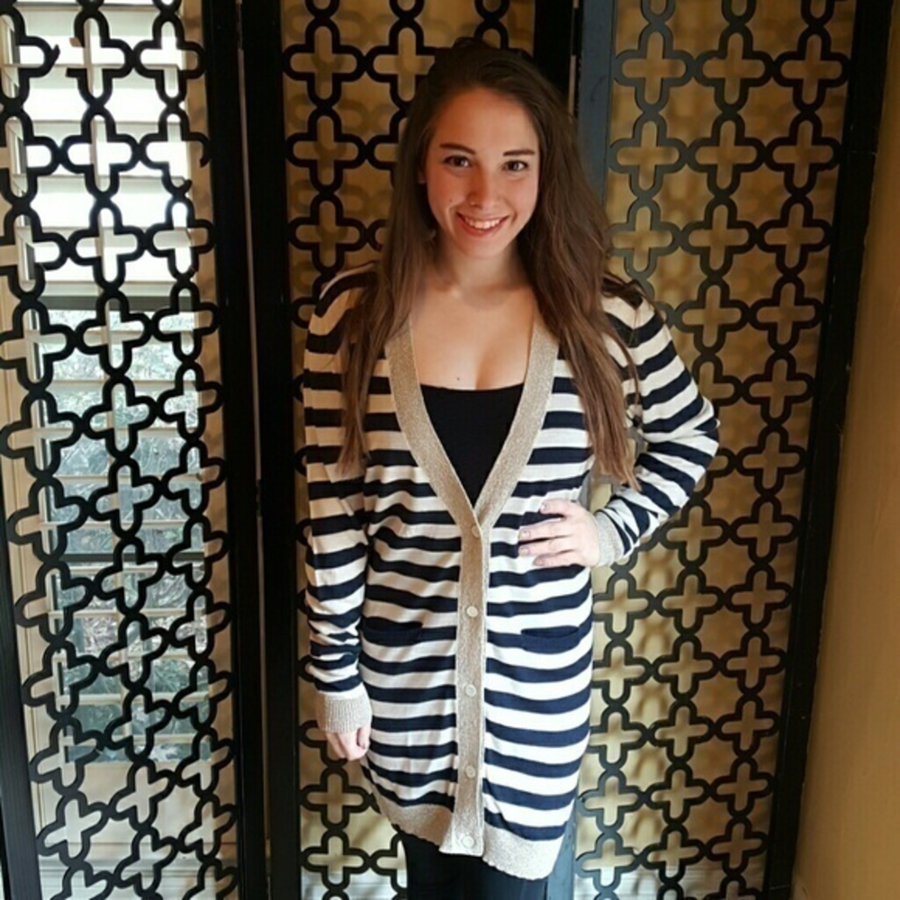 PAUL AND JOE PARIS METALLIC NAVY STRIPED CARDIGAN Pockets Button Front Size 2